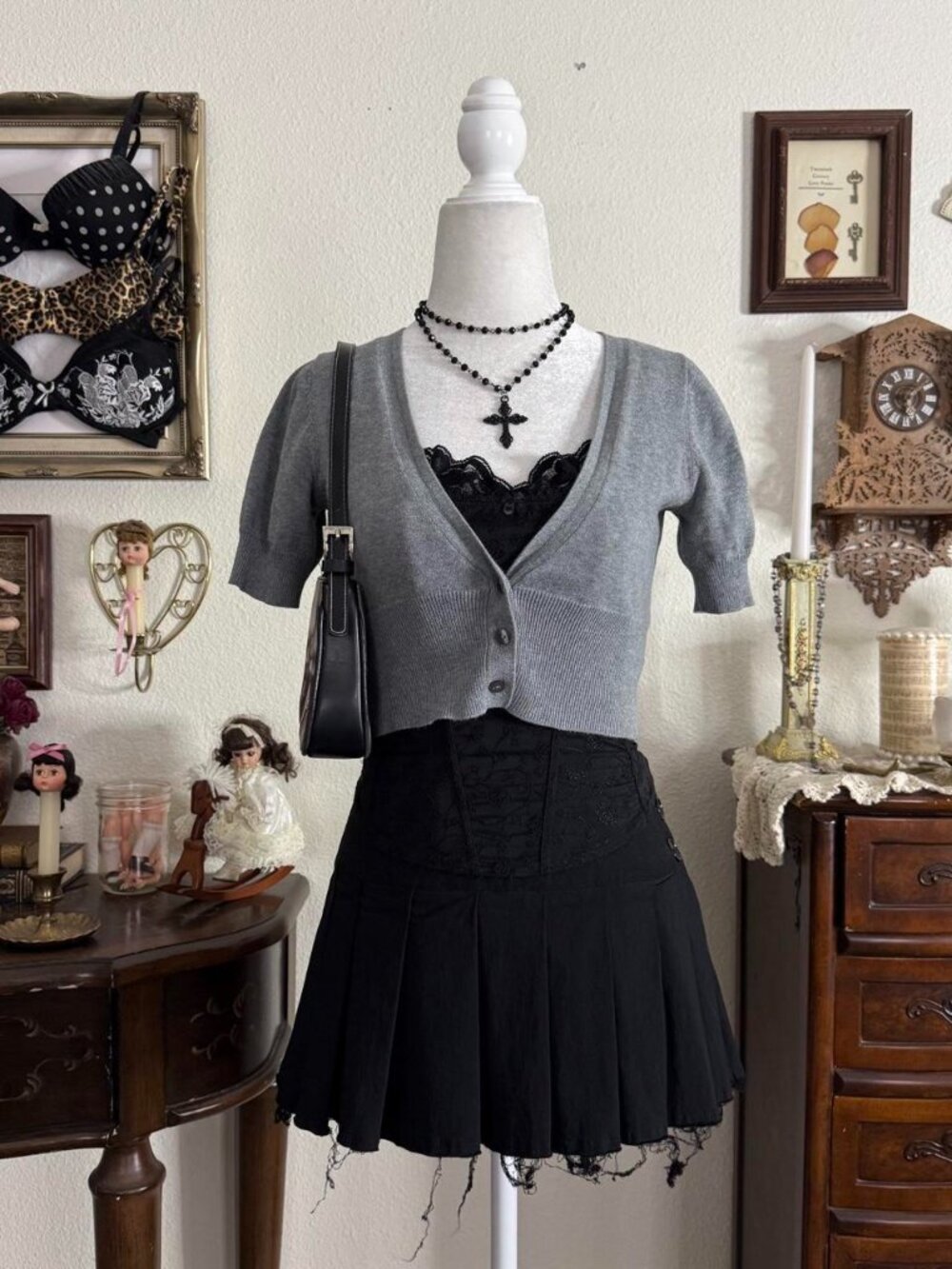 Y2k girly grunge preppy grey cropped cotton cardigan
